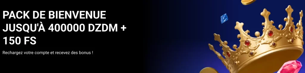 L'écran de l'offre du bonus de bienvenue de 1xBet affichant jusqu'à 400 000 DZD de bonus et 150 tours gratuits.