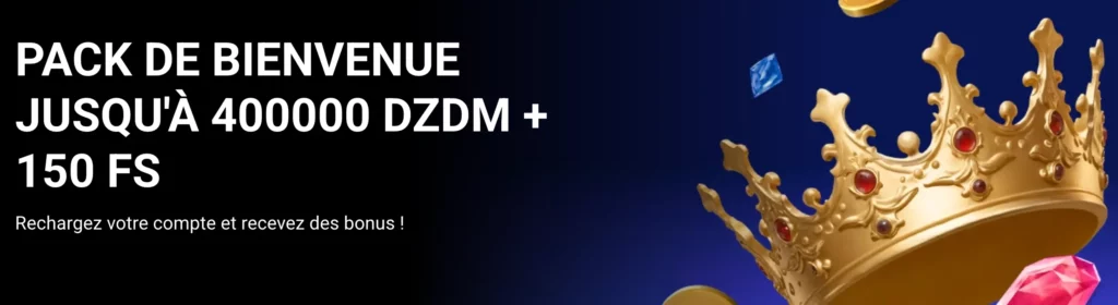 Bonus de bienvenue 1xBet Algérie - 200 % de correspondance de dépôt à hauteur de 400 000 DZD et 150 tours gratuits.