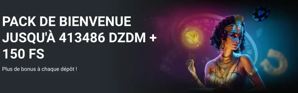 L'écran de l'offre de bonus de bienvenue de MegaPari fait apparaître jusqu'à 413 486 DZD de bonus et 150 tours gratuits.