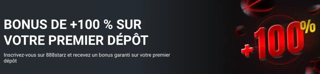 Capture d'écran du bonus de bienvenue de 888Starz pour les paris sportifs offrant une correspondance de 100 % pour les joueurs algériens.