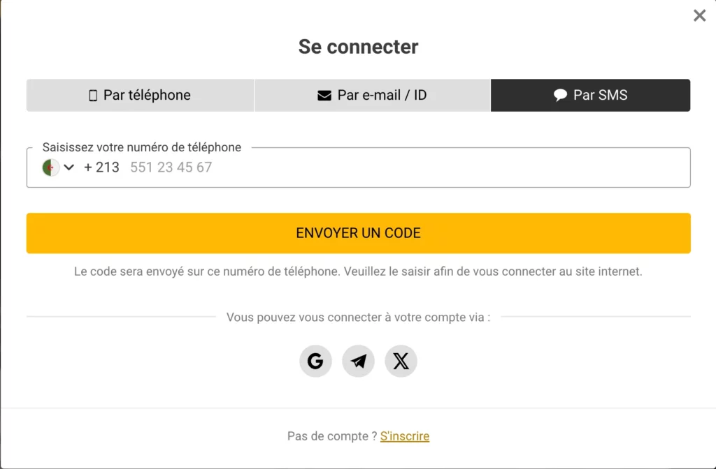 Formulaire de connexion par SMS de MelBet en Algérie.