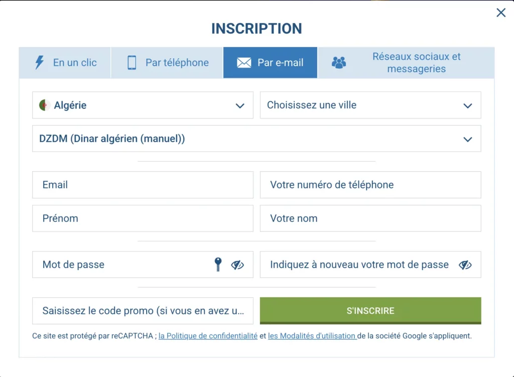 Inscription 1xBet Algérie - 4 méthodes d'inscription disponibles.