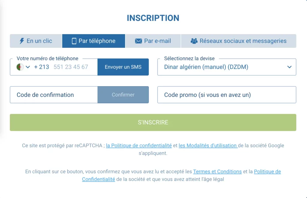 Capture d'écran du formulaire d'inscription de 1xBet comportant plusieurs options de connexion en un clic, par téléphone, par e-mail et par les réseaux sociaux.