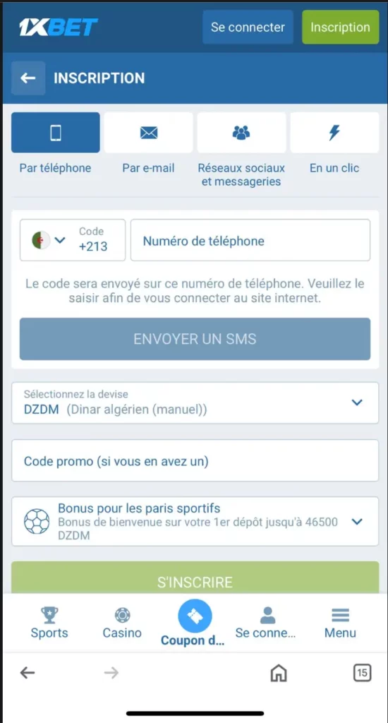 Inscription 1xBet Algérie - Inscription via l'application mobile ou le navigateur.