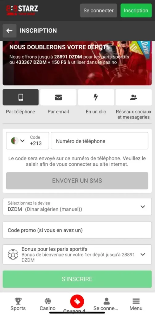 888Starz Algérie formulaire d'inscription mobile sur Android et iPhone.