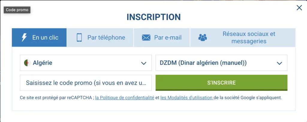 Inscription 1xBet Algérie - création instantanée d'un compte en un clic.
