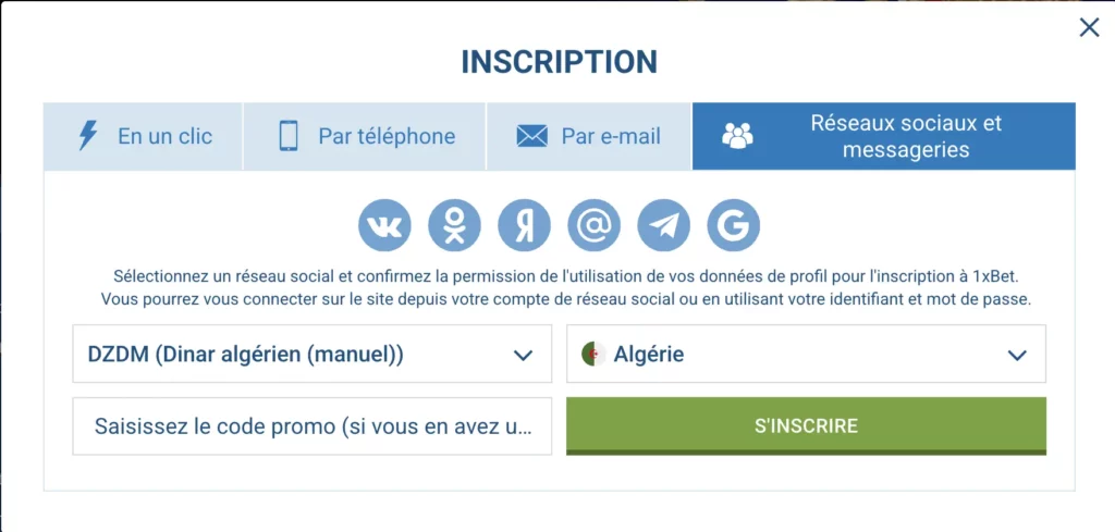 Inscription 1xBet Algérie - Inscription rapide via les comptes de réseaux sociaux.
