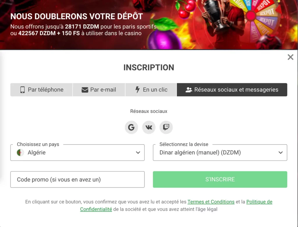 Le formulaire d'inscription de 888Starz avec les options de connexion via les réseaux sociaux comme Google et Telegram.