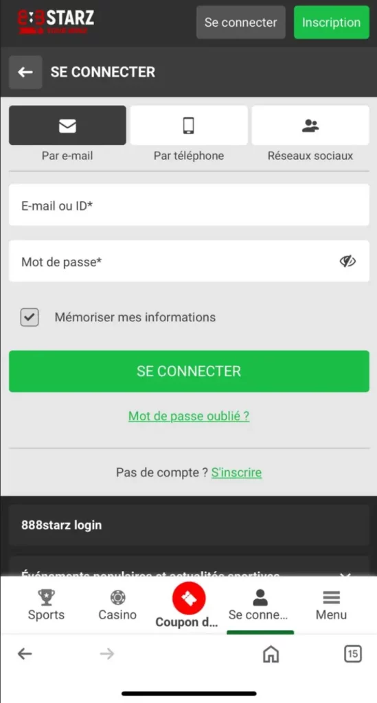 Formulaire de connexion mobile de 888Starz Algérie avec les options e-mail, téléphone et réseaux sociaux.