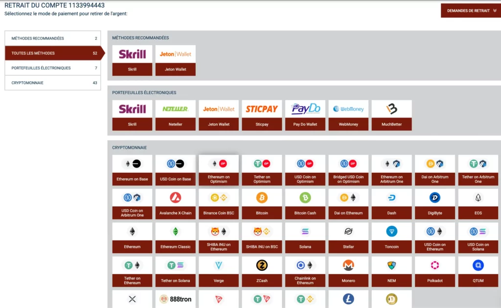 Capture d'écran des méthodes de retrait de 888Starz, incluant Skrill, Neteller, et Jeton Wallet pour les joueurs algériens.