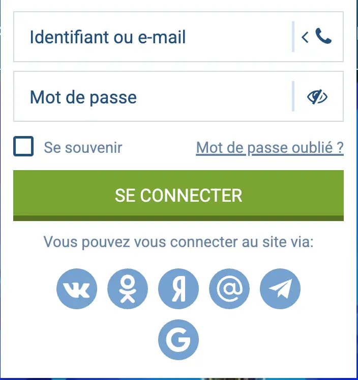 Page de connexion 1xBet par téléphone, e-mail et réseaux sociaux en Algérie.