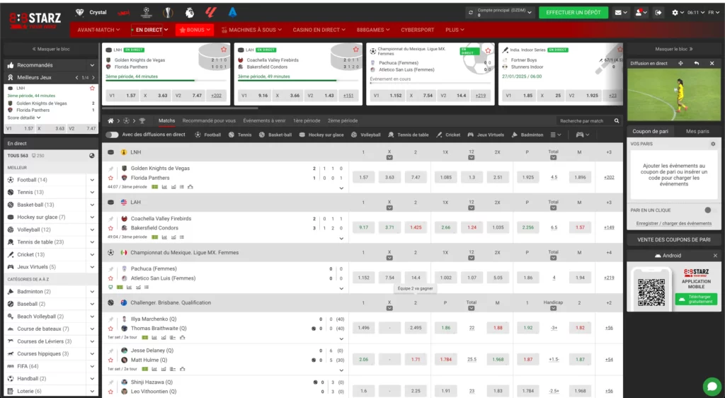Interface de paris sportifs de 888Starz avec les matchs en direct et les cotes.