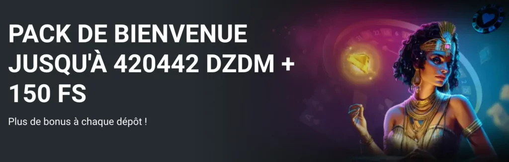 La bannière du bonus de bienvenue de MegaPari Algérie présentant un bonus allant jusqu'à 420 442 DZD et 150 tours gratuits.