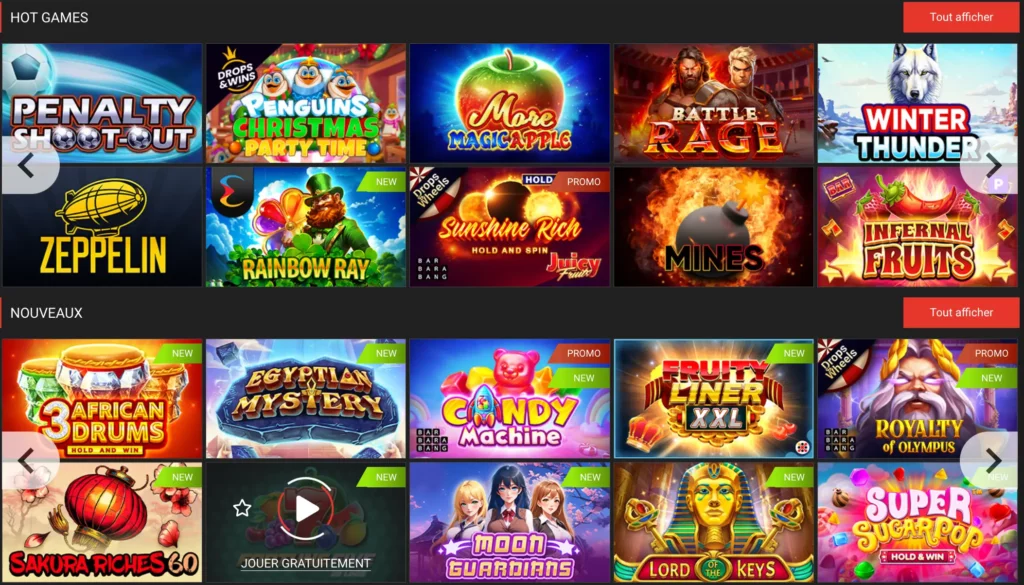 L'interface de MegaPari présentant diverses machines à sous en ligne à jouer en Algérie.