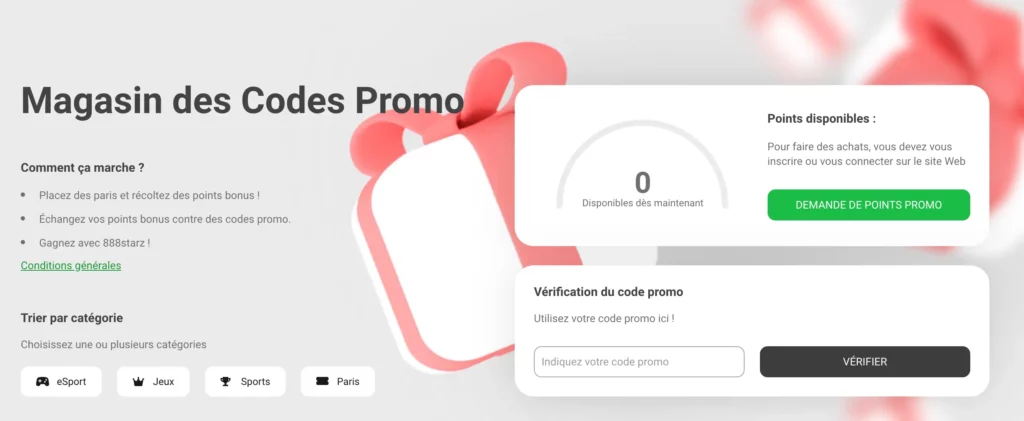Le magasin des codes promo de 888Starz Algérie propose des paris gratuits, des bonus de casino et des tours gratuits.