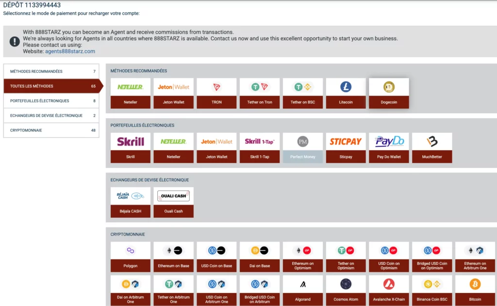 L'interface des méthodes de paiement du casino 888Starz Algérie présentant les différentes méthodes de paiement.